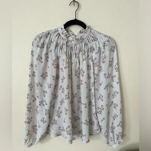 Small Loft White Long Sleeve Women's Blouse with subtle floral design